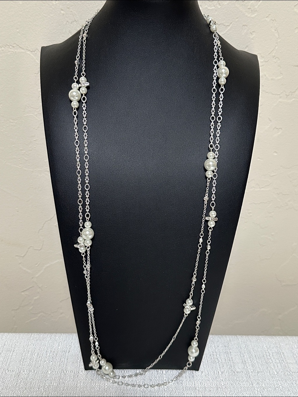 Dillards Silver Tone Faux Pearl Station Necklace